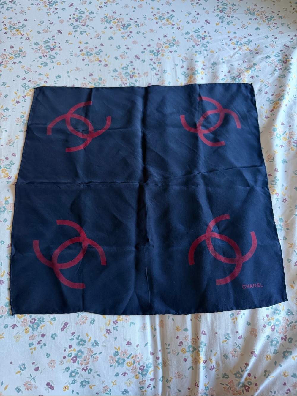 CHANEL Navy Silk Square Scarf with Burgundy Interlocking CCs